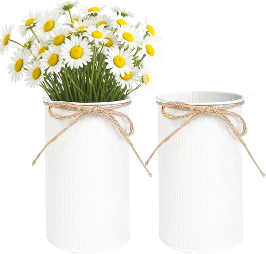 6" High Farmhouse Vases for Centerpiece, Rustic Mason Jars with Twine Bow for Flowers, Vintage Galvanized Metal Vase Tin Bucket for Wedding Home Decor (White, 2Pcs)