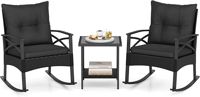 Tangkula 3 Pieces Outdoor Rocking Chairs Set, Rattan Heavy Duty Cushioned by TANGKULA