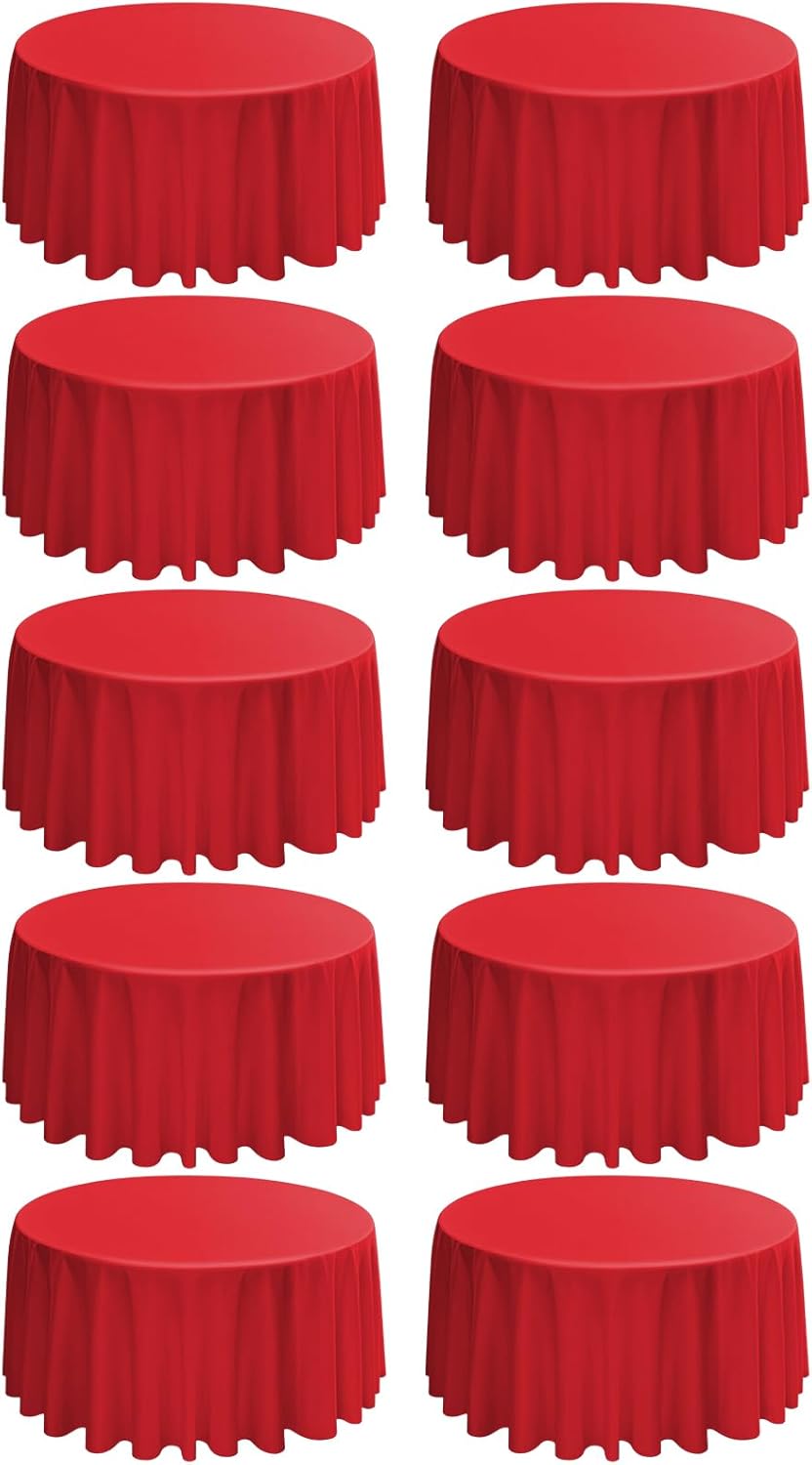 10 Pack Round Tablecloths - 120 Inch Red Polyester Cover for Round Tables, Stain and Wrinkle Resistant Washable Fabric Cloth for Wedding Banquet Parties