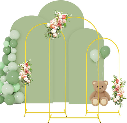 FOTSHARER Arch Backdrop Stand and Cover Set 4FT 5FT 6FT Balloon Arch Stand and Sage Green Arch Cover Set of 3 Gold Wedding Arch Frame for Birthday Party Bridal Shower Ceremony Decorations