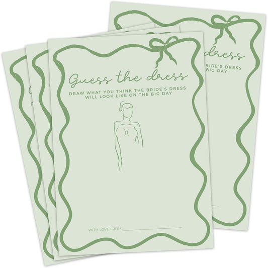 DEEKA 30 PCS Bridal Shower Games Card for 30 Guests Sage Green Wavy Border Ribbon Bow Funny Wedding Bachelorette Party Games for Reception (Guess The Dress)