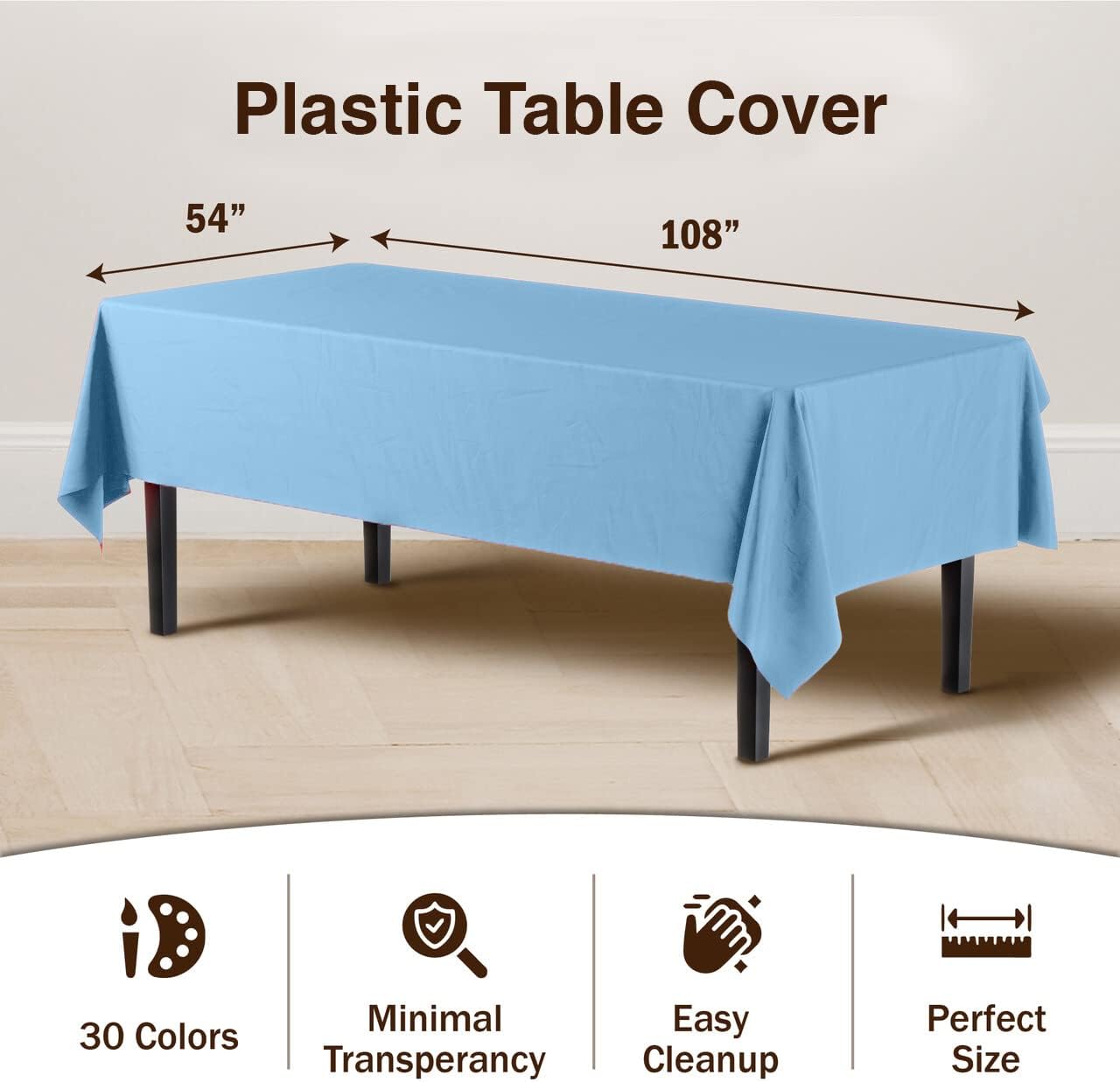 Exquisite 12-Pack Premium Plastic Tablecloth 54in. x 108in. Rectangle Table Cover - Light Blue