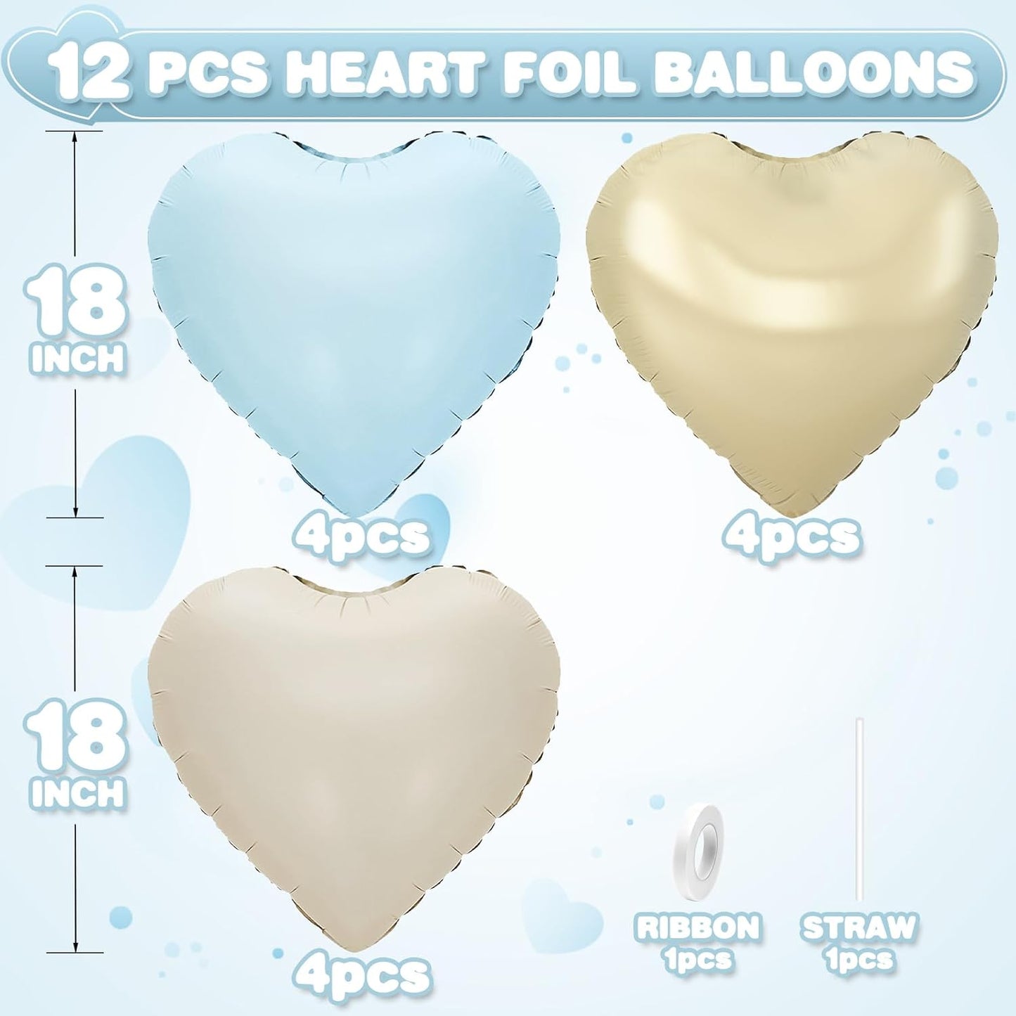 Blue White Heart Balloons,12Pcs Light Gold Baby Blue Heart Shaped Foil Balloons,18Inch Cream White Helium Balloon for Baby Shower Birthday Anniversary Wedding Party Decorations