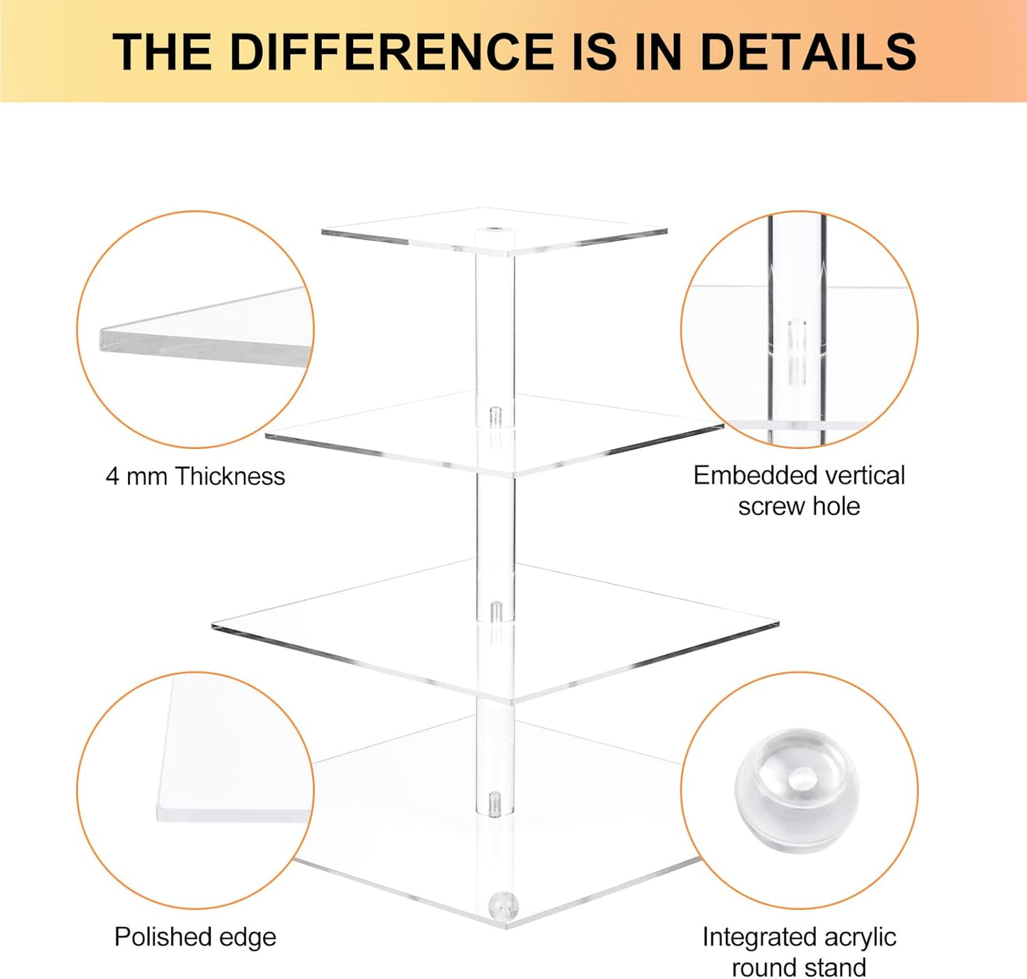 Cupcake Stand, 4 Tier Square Acrylic Cupcake Display Stand Holder, Clear Dessert Pastry Tower for Wedding, Birthday, Theme Party, Baby Shower