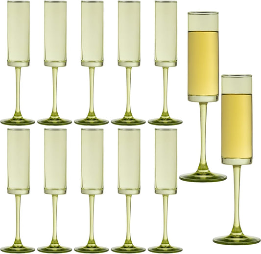12 Pieces Green Champagne Flutes 6 OZ Straight Sided Wine Glasses Champagne Long Stem Drinking Colored Glasses,Set of 12 Hand Blown Champagne Flutes Goblets for Wedding Cocktail Cups,Cava, Prosecco
