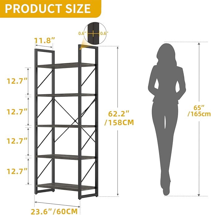 DWVO 5 Tier Bookshelf 2 Pack, Industrial Bookshelves Open Shelf Bookcase - Image 2