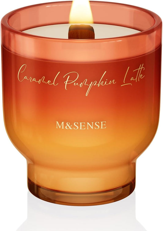M&SENSE 9.88oz Natural Soy Wax Jar Candle with Wooden Wick | Caramel Pumpkin Latte Scent | 55-Hour Burn & Long-Lasting Burn | Housewarming Gift for Men and Women