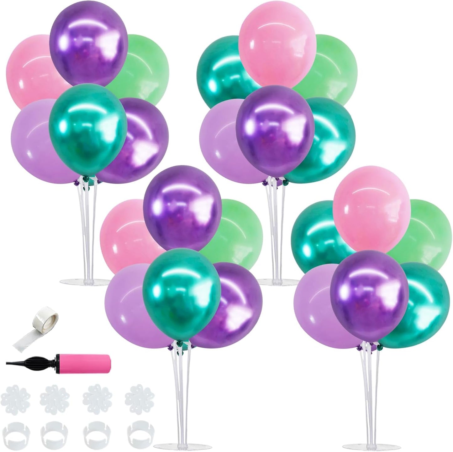 TONIFUL 4 Set Metallic Purple Pink Green Balloon Stand Centerpiece Table Decorations for Girls Mermaid Birthday Party Decoration,Baby Shower, Summer Luan Party, Under The Sea Party Decorations