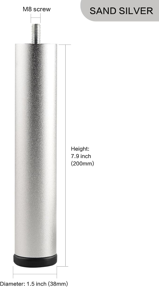 Adjustable Furniture Legs 8 Inch Silver Bed Support Legs Cylinder M8 Screw in - Image 2