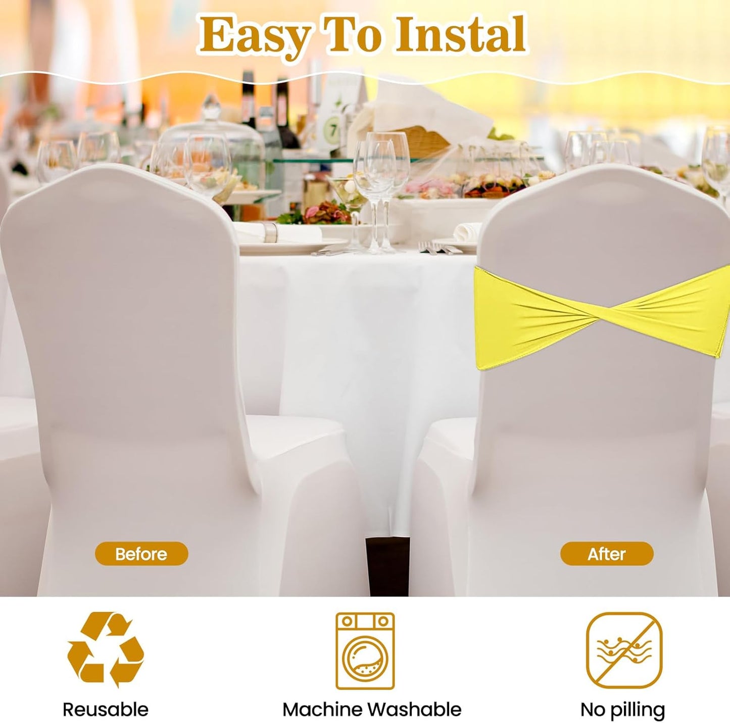 Kinlop 50 Pcs Spandex Chair Sashes Bows Chair Bands Slider Sashes for Covers Elastic Bands Ties Without Buckle Decorations for Wedding Party Events Ceremony Birthday(Yellow)