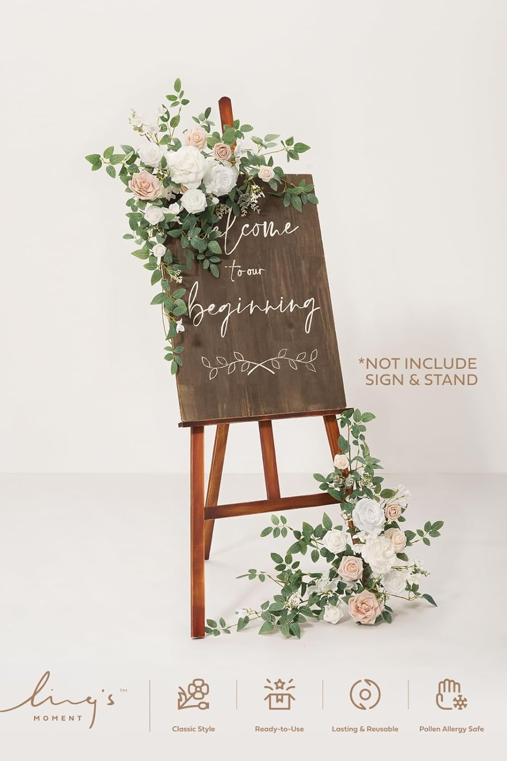 Ling's Moment 2pcs Wedding Flowers Garland Artificial Floral Swag Arch Decorations Rose Greenery Arrangements White & Sage Ceremony Reception Garden Easel Wall Entryway Outdoor board(NOT Include Sign)