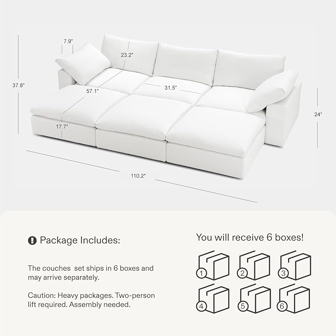 Cloud Couch Sectional 113.8'' Oversized Modular Deep Seat Sofa Bed Comfy White - Image 2