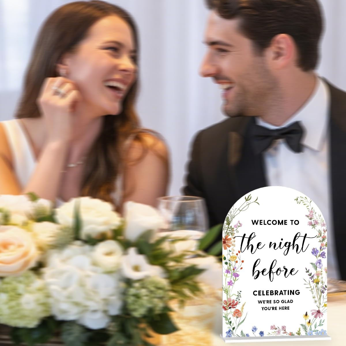 Acrylic Wedding Signs, Bridal Shower Decorations, Modern Arched Round Top Acrylic Table Top Sign with Holder for Wedding Reception Party Dinner - Welcome to The Night Befor (White Wildflowers)