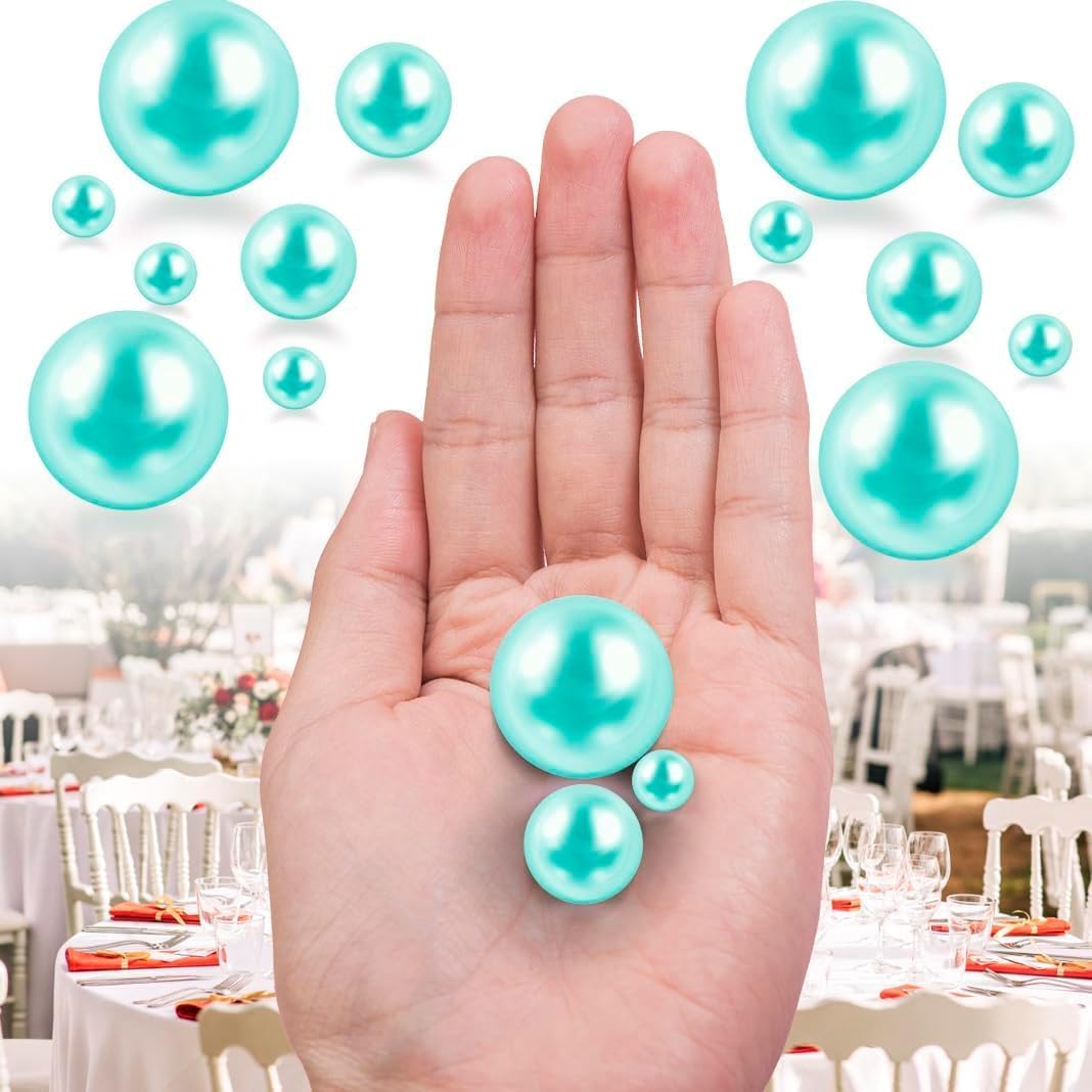 300Pcs Lake Blue Polished No Hole Faux Pearl Beads for Vase Filling Decorations, Plastic Pearls Vase Fillers, Table Scatters, Wedding Centerpiece, Home Decor, 8/14/20 mm