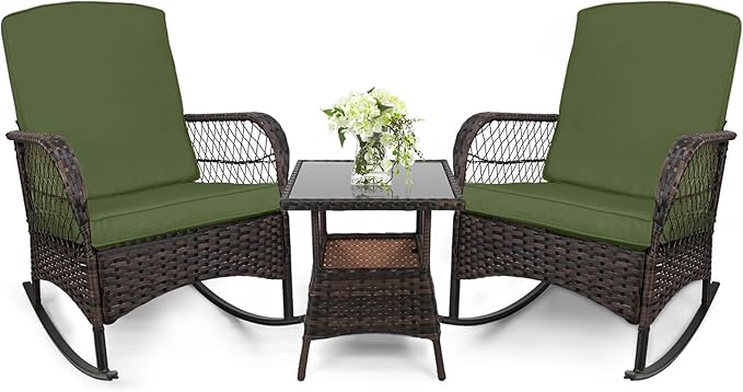 LEVELEVE 3 pcs Rocking Bistro Set Conversation Chairs PE Wicker Outdoor Rocking by Enjoyyourlife