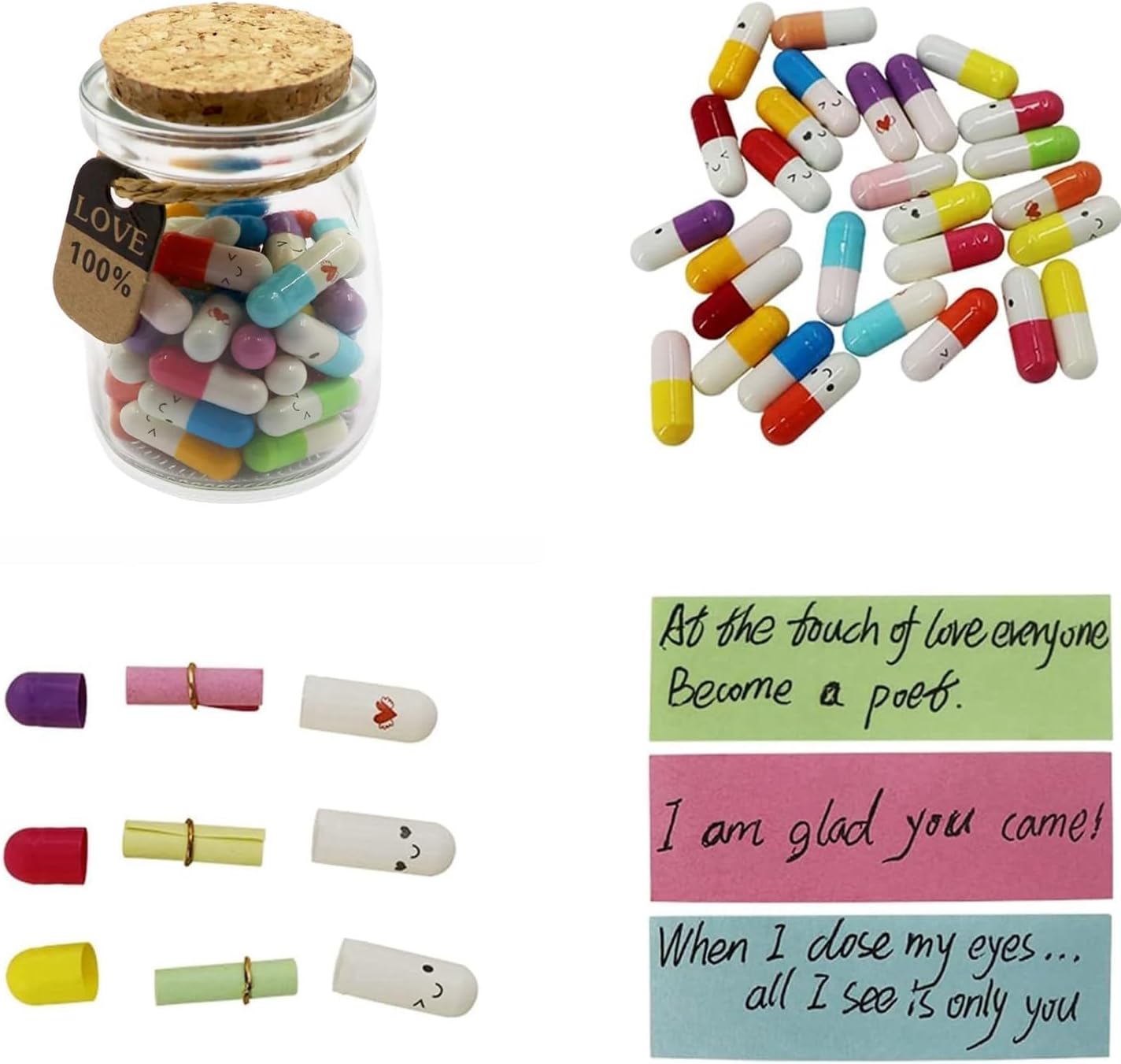 50Pcs Capsule Letters Message in a Glass Bottles, Cute Smiling Face Love Friendship Letter Colors Pill with Wishing Bottle, Message Pills for Boyfriend Girlfriend Lovers Family