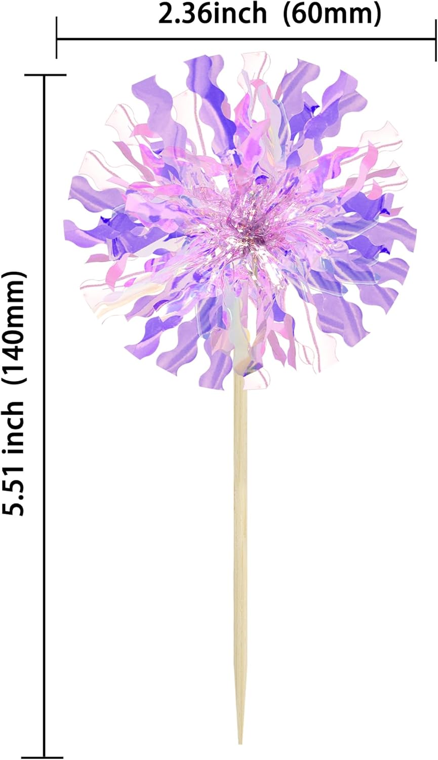 Ephlyn 30Pcs Foil Firework Cupcake Toppers Sparkle Tinsel Cupcake Picks Happy Birthday Cake Decorations Drink Stirrers Cocktail Food Fruit Toothpicks for Baby Shower Graduation Party Supplies Purple