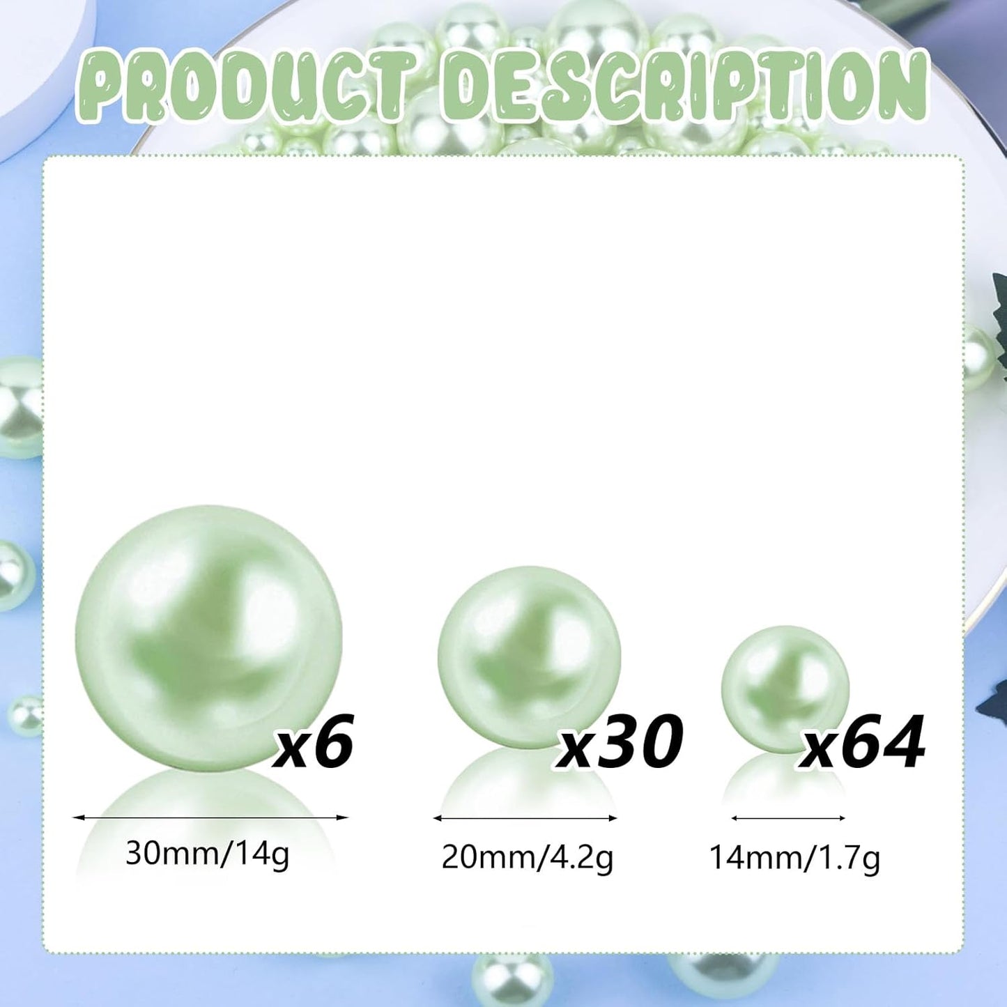100PCS Light Green Faux Pearls Beads for Centerpiece Vases, Vase Filler Faux Pearls, No Holes Filler Beads for Easter Party Anniversary Birthday Wedding Table Decor, 14/20/30mm