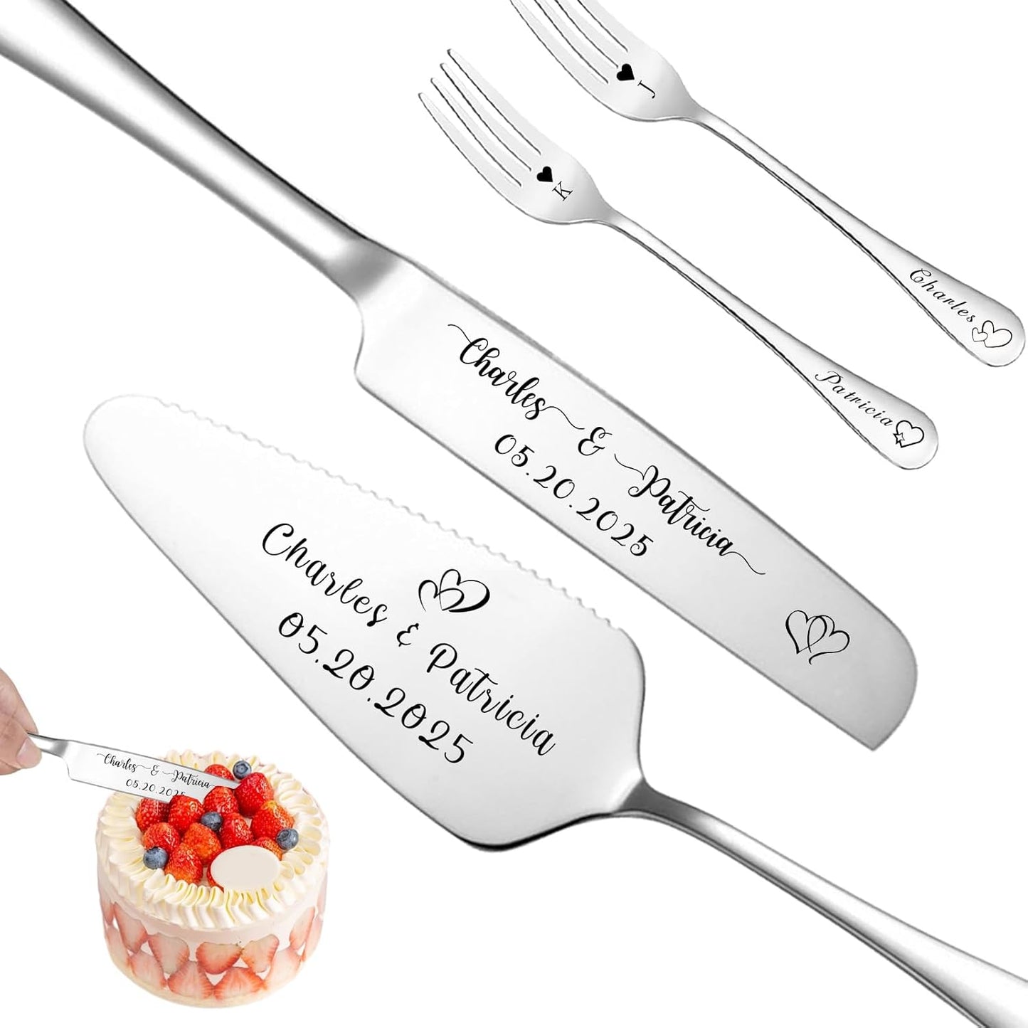 Custom Wedding Cake Knife and Server Set Personalized Cake Cutter with Engraved Text Bridal Cake Cutting Set with Gift Box for Weddings Anniversary Birthday (Silver - with fork)