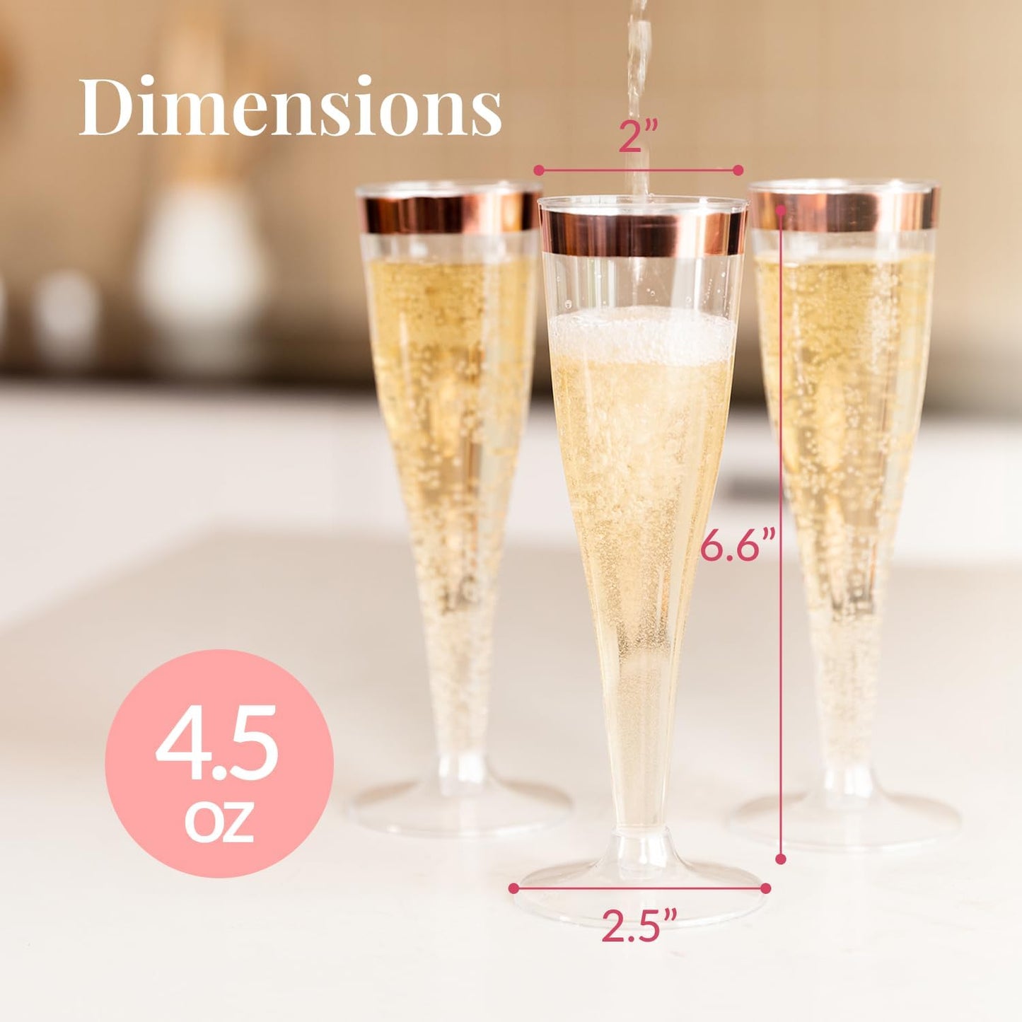 Prestee Set of 24 Plastic Champagne Flutes with Rose Gold Rim - 4.5 oz - Shatterproof Disposable Glasses - Elegant Design - Ideal for Weddings, Cocktail Parties, and Outdoor Celebrations