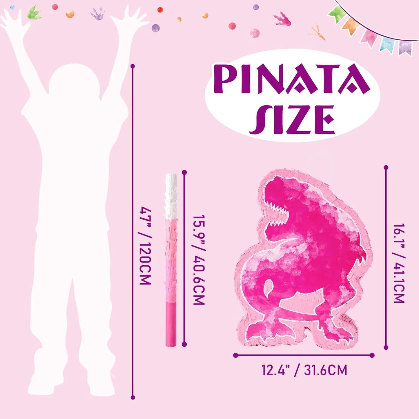 WERNNSAI Dinosaur Piñata - Watercolor Pink Dinosaur Piñata Birthday Piñata with Stick and Blindfold for Kids Birthday Party Game Classroom Activities Rose Dinosaur Themed Party Decors(16.1’’ x 12.4’’)