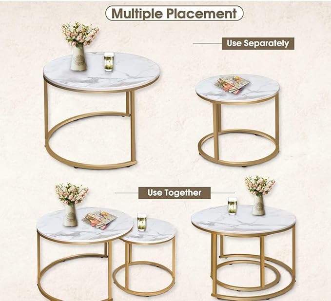 aboxoo Coffee Table Nesting White Set of 2 Side Set Golden Frame Circular Round - Image 7