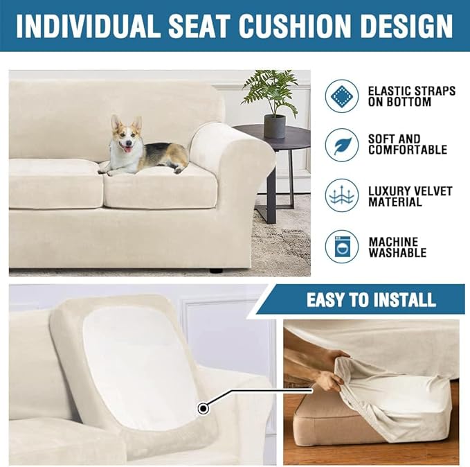 H.VERSAILTEX Modern Velvet Plush 4 Piece High Stretch Sofa Slipcover Furniture - Image 6