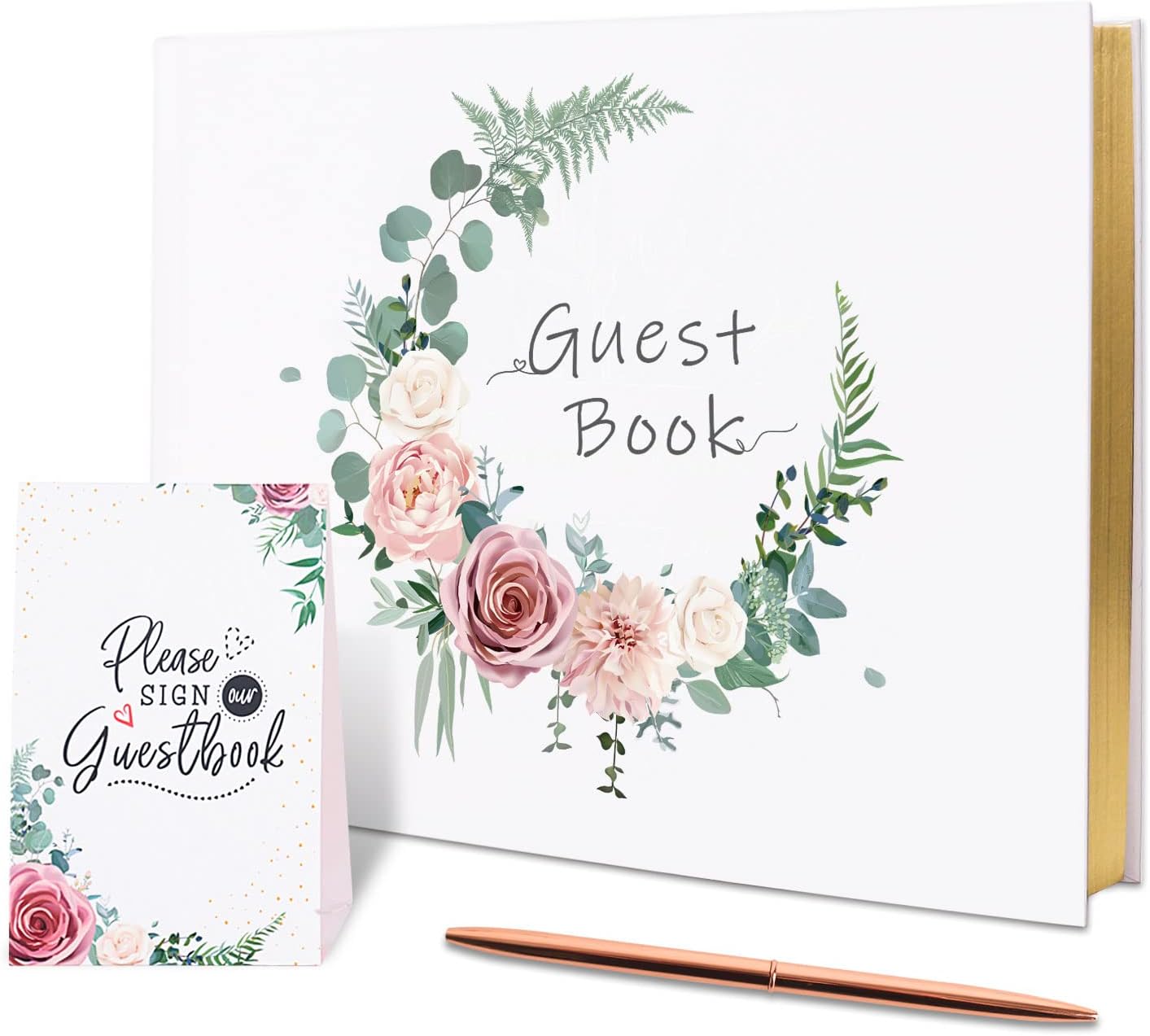 Vienrose Wedding Guest Book Set with A Pen and A Welcome Sign Registry Sign-in Book with 123 Blank Lined Pages Gilded Edges Hardcover Book for Wedding Baby Shower Birthday