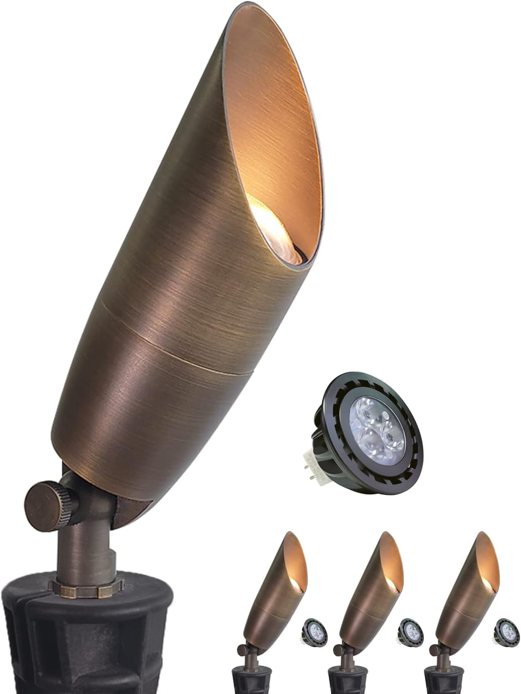 MALORY Solid Brass Landscape Spotlight 4-Pack with Bulb(S06), Low Voltage Front and Backyard Landscape Lighting with Large Rugged Slot Spike & Wire Connector,12V AC/DC Garden Patio Spot Up Light