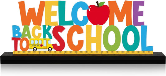 Welcome Back to School Metal Sign First Day of School Table Decor Metal Word Sign with Wooden Base for Classroom Teacher Party Favor Supplies Tiered Tray Decor Shelf Tabletop Decorations