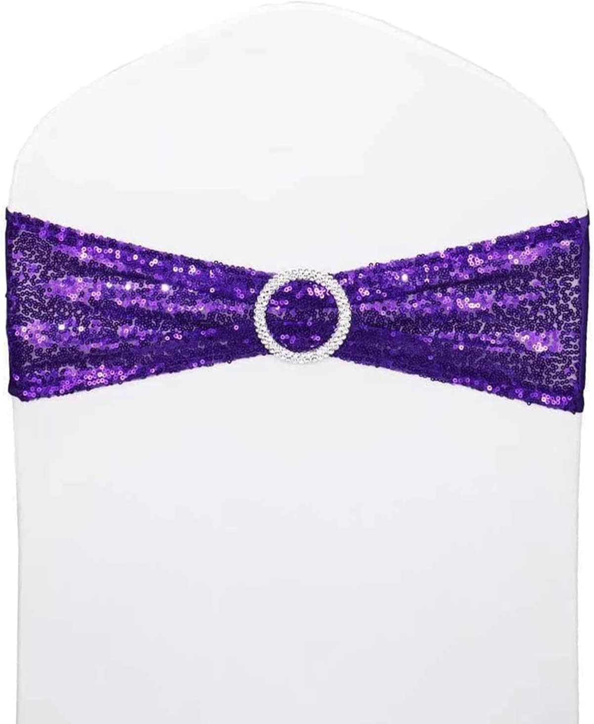 25 Pcs Chair Sashes Sequin Stretch Chair Bands Spandex Polyester Bows for Party Hotel Wedding Banquets Decoration - Purple