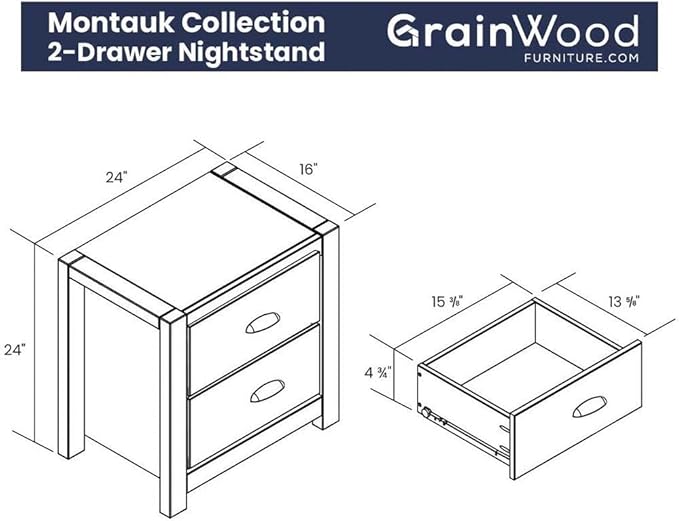Grain Wood Furniture Montauk 2-Drawer Bedside Nightstand, Solid Wood - Image 3