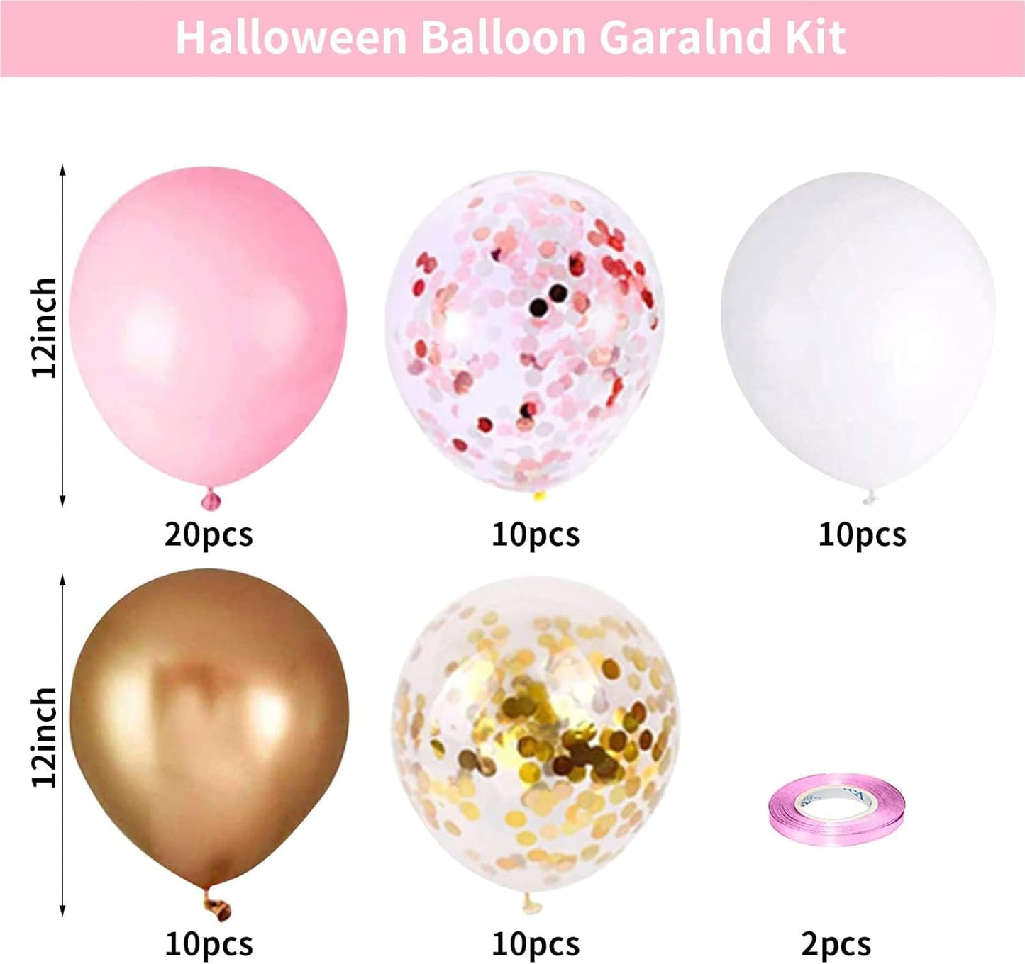 Balloons Pink Gold Confetti, 60 Packs 12 Inch Pink White Metallic Gold Balloon for Girls Birthday Wedding Bridal Baby Shower Princess Party Decorations