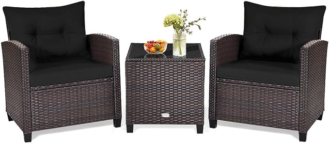HAPPYGRILL 3 Pieces Patio Conversation Set, Outdoor Furniture Set PE Rattan by HAPPYGRILL
