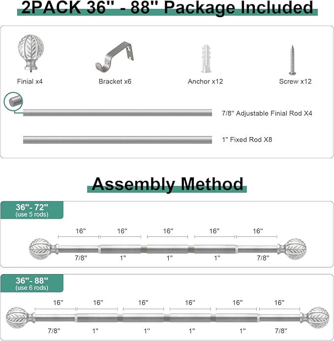 QDWIS 2 Pack Silver Curtain Rods - Image 8