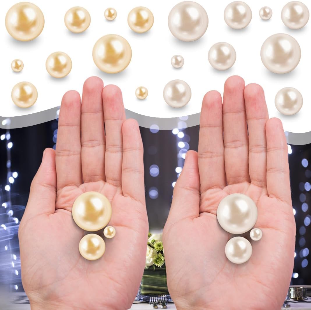 300Pcs Cream&Gold Polished No Hole Faux Pearl Beads for Vase Filling Decorations, Plastic Pearls Vase Fillers, Table Scatters, Wedding Centerpiece, Home Decor, 8/14/20 mm