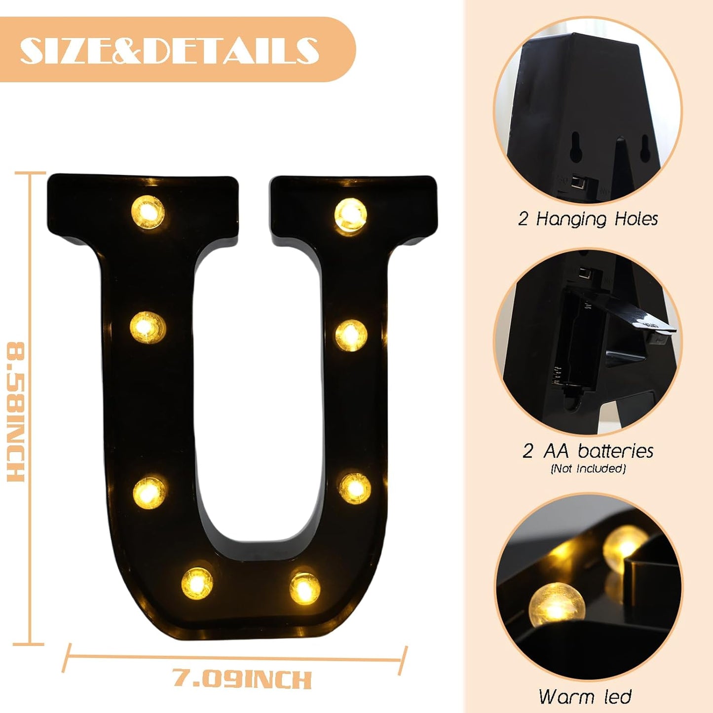 Led Marquee Letters, 8.58 Inch Black Light Up Letters, Small Led Letter Lights, Battery Powered Lighted Letterfor Table, Party, Birthday, Christmas Decor (Black, Letter U)