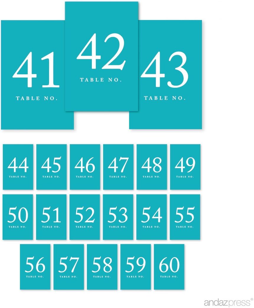 Andaz Press Aqua Turquoise Wedding Table Numbers 41-60, 4x6-Inches Table Number Cards For Wedding Reception, Table Number For Seating Chart For Wedding Reception, Restaurant, Classroom, Boda