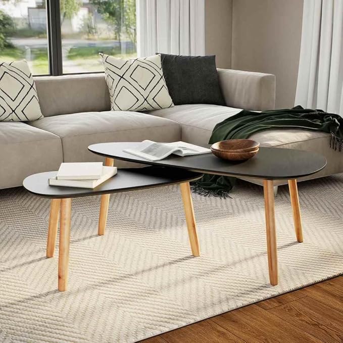 Coffee Table Set of 2 Black Solid Pine Wood Legs - Image 2