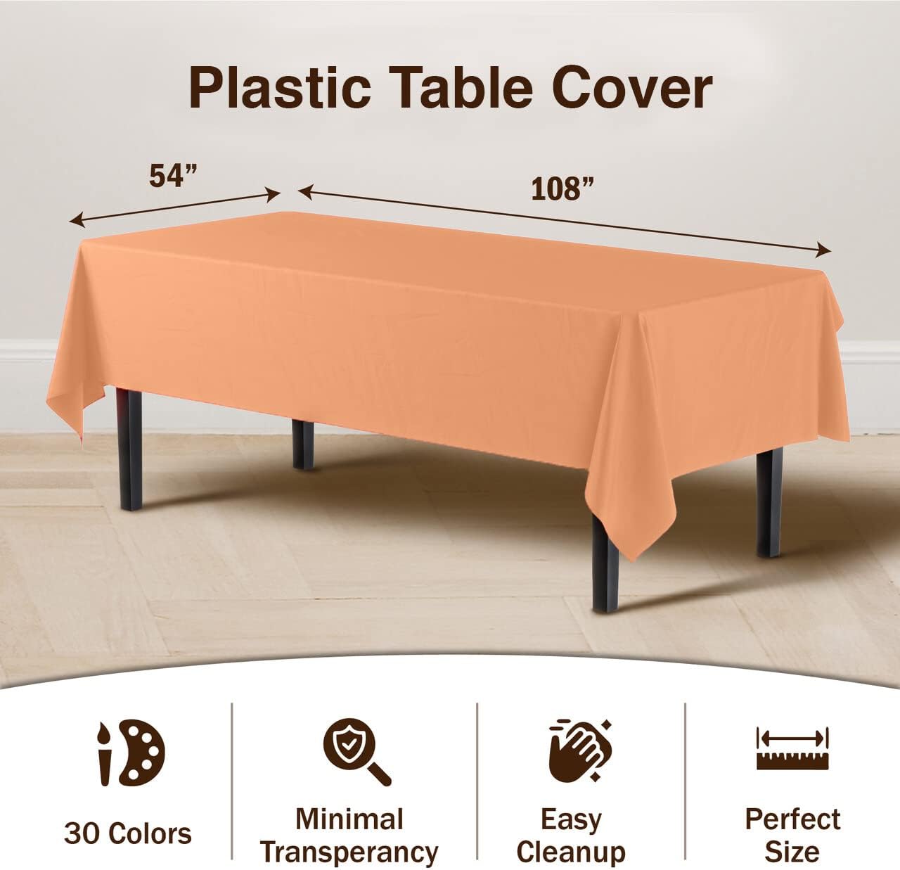 Exquisite 12-Pack Premium Plastic Tablecloth 54in. x 108in. Rectangle Table Cover - Peach