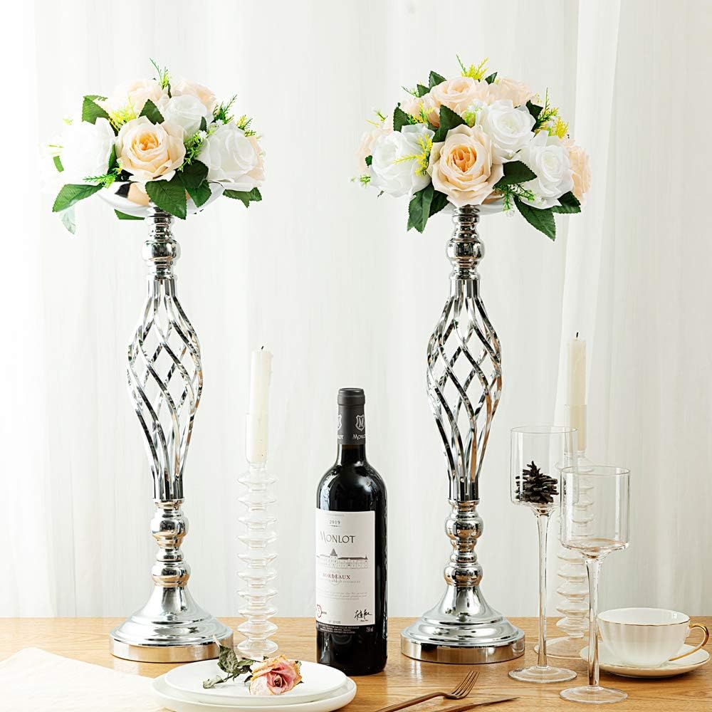 LANLONG 2pcs Metal Silver Candle Holders Road Lead Table Centerpiece Stand Pillar Candlestick for Wedding Candelabra Flowers Vases