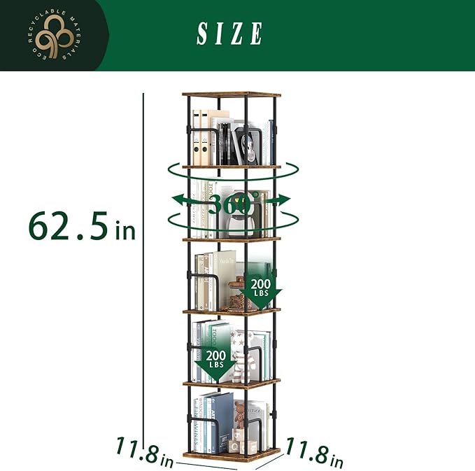 5-Tier Rotating Bookshelf, Freestanding Corner Bookshelf, 360° Spinning - Image 2