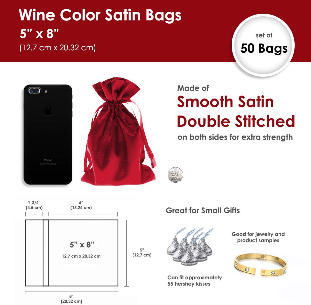 5" x 8" Wine Satin Gift Bags, Jewelry Bags, Wedding Favor Drawstring Bags Baby Shower Christmas Gift Bags 50 per Pack
