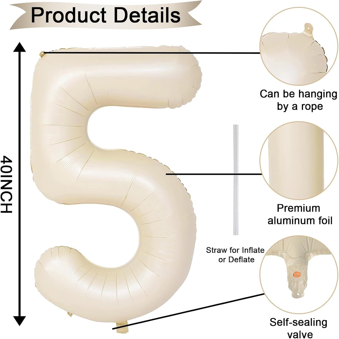 Beige Balloon Number 5, 40 Inch Large Self Inflating Foil Mylar Number Balloons 0-9 for Boys Women, Cream White Digital 5 Helium Balloon for Girls Men 5th Birthday Decorations Anniversary 2025 Party
