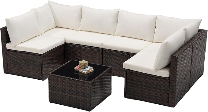 DUMOS 7 Piece Outdoor Patio Sectional Sofa, Modular Wicker Furniture Set - Image 9