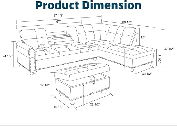 97.5" L Shaped Couch Set Linen, Modular Sectional Couches - Image 2