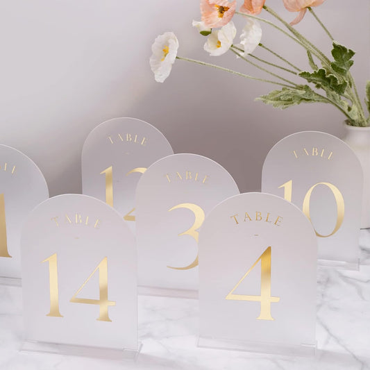 UNIQOOO Frosted Arch Wedding Table Numbers with Stands 1-30, Gold Foil Printed 5x7 Acrylic Display Signs and Holders, Pack of 30, Perfect for Centerpiece, Reception, Decoration, Party, Anniversary, Event