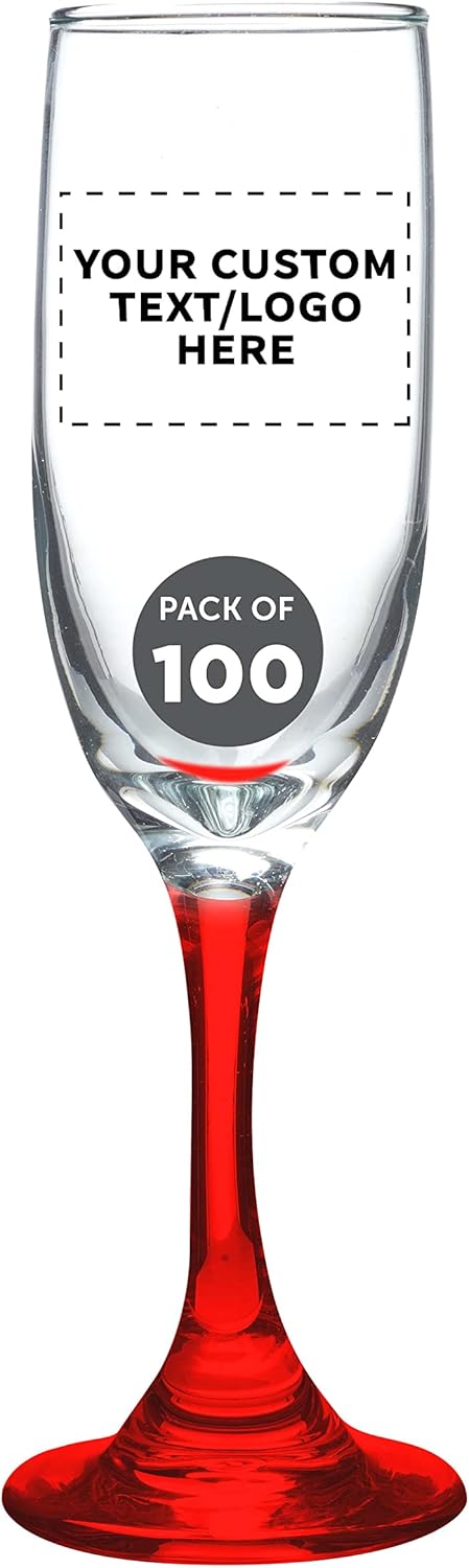 DISCOUNT PROMOS Custom Premiere Champagne Flutes 6.25 oz. Set of 100, Personalized Bulk Pack - Elegant Drinkware for Weddings, Events, & Promotional Gifts - Red