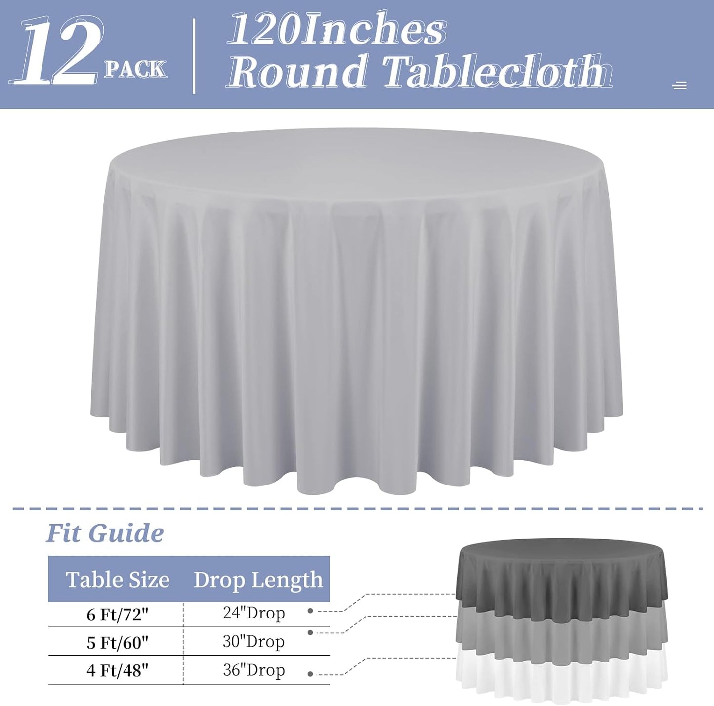 12 Pack Round Tablecloth 120 Inch - Light Grey Polyester Table Cloth for Round Table, Premium Light Grey Tableclothes Washable Fabric Cover for Wedding Party Banquet Restaurant Reception Dining