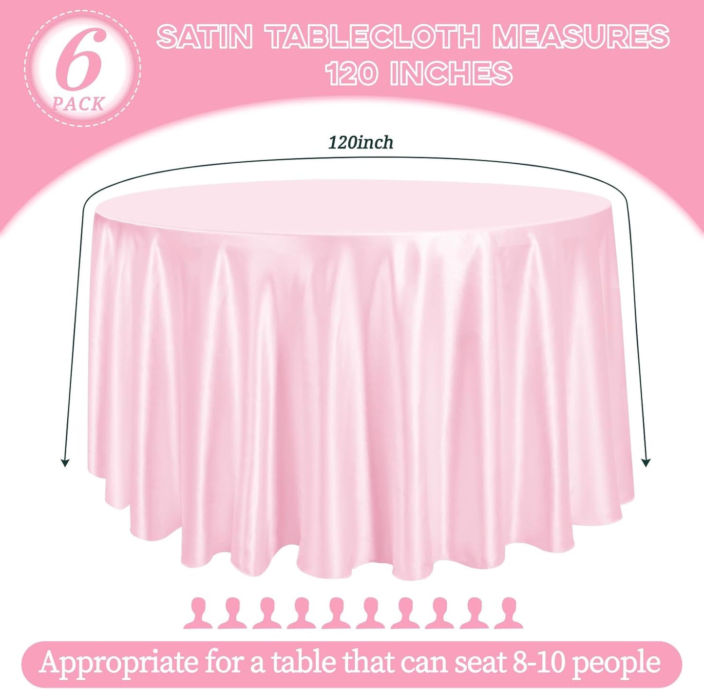 fani 6 Pack 120 Inch Light Pink Satin Tablecloth - Silky Round Tablecloth Overlay Smooth Fabric Table Cover, Bright Table Decoration for Wedding Party Banquet Events Restaurant Kitchen Dining